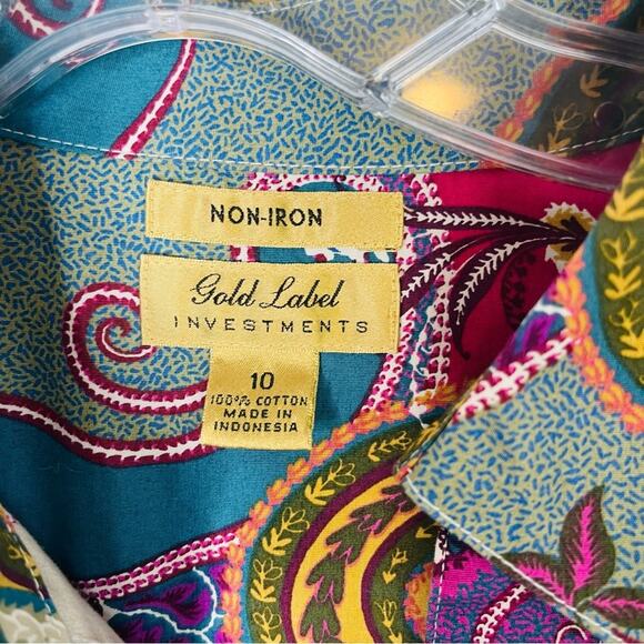 Vintage tan pink blue paisley button front office preppy top 10 - Picture 4 of 5